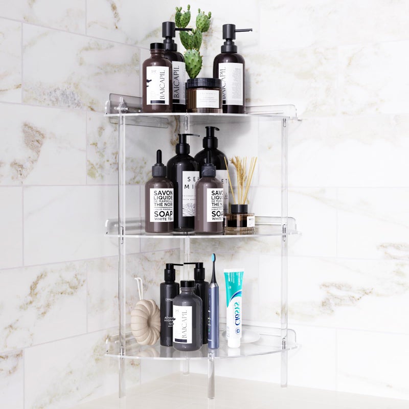 Bakzon Corner Shower Caddy, 3 Tier Acrylic Shower Organizer Corner for Inside Shower, Rustproof Floor Standing Shower Shelves for Bathroom, Clear - Image 2